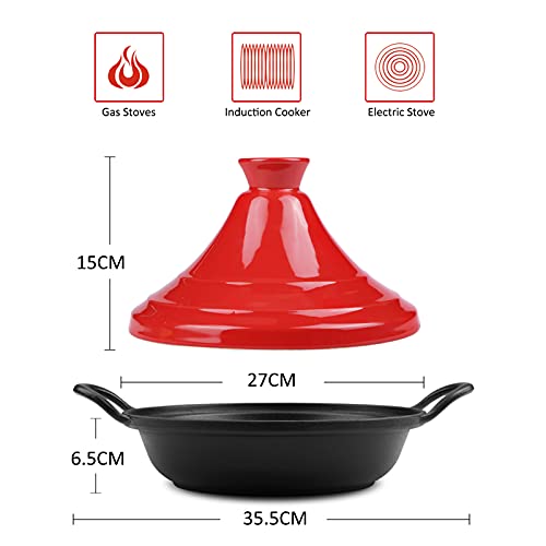 Ceramic Casserole Tagine Pot - Home Moroccan Slow Cooker Pot with Enameled Cast Iron & Lid for Cooking and Stew,Red