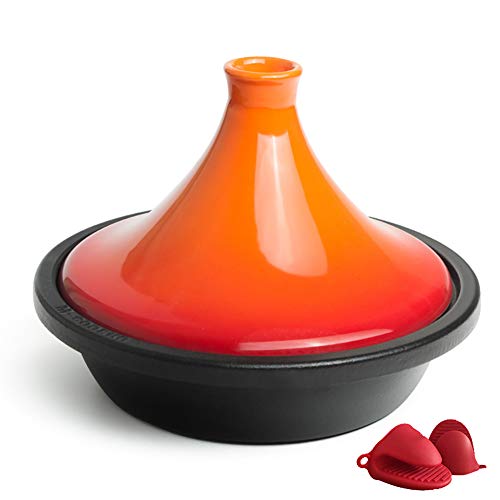 Enameled Cast Iron Tagine Pot, Professional Cooking Tajine for Cooking and Stew Casserole Slow Cooker,Tagine with Silicone Gloves, 2.5 Quart (Orange)