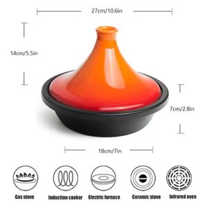 Enameled Cast Iron Tagine Pot, Professional Cooking Tajine for Cooking and Stew Casserole Slow Cooker,Tagine with Silicone Gloves, 2.5 Quart (Orange)