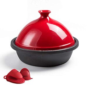 jinxiu casserole cast iron tagine with ceramic dome, tajine cooking pot for different cooking styles with silicone gloves - compatible with all stoves (color : red)