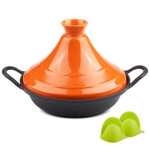 casserole dish with lid soup pot cast iron tagine pot, moroccan tajine with enameled cast iron base and silicone gloves, for different cooking styles, non-stick pot - lead free (color : orange)