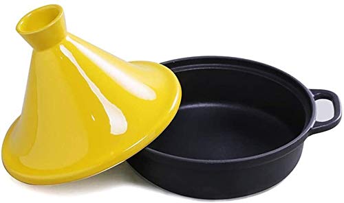 Casserole Dish with Lid Soup Pot Cast Iron Tagine Pot 20Cm, Tajine Cooking Pot with Enameled Cast Iron Base and Cone-Shaped Lid Lead Free Stew Casserole Slow Cooker,Yellow