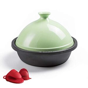 casserole dish with lid soup pot cast iron tagine with ceramic dome, tajine cooking pot for different cooking styles with silicone gloves - compatible with all stoves (color : green)