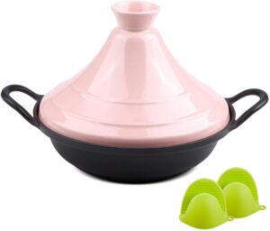 jinxiu casserole moroccan cooking tagine pot, enameled cast iron tagine with silicone gloves, tajine for different cooking styles, non-stick pot (27 cm),red (color : pink)