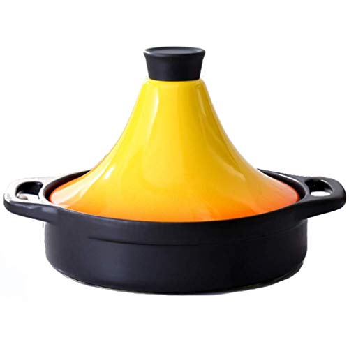 MYYINGBIN Hand Painted Tagine Pot, Lead Free Ceramic Cookware, Enamel Cast Iron Layer Slow Cooker with Gloves Potholder, Yellow