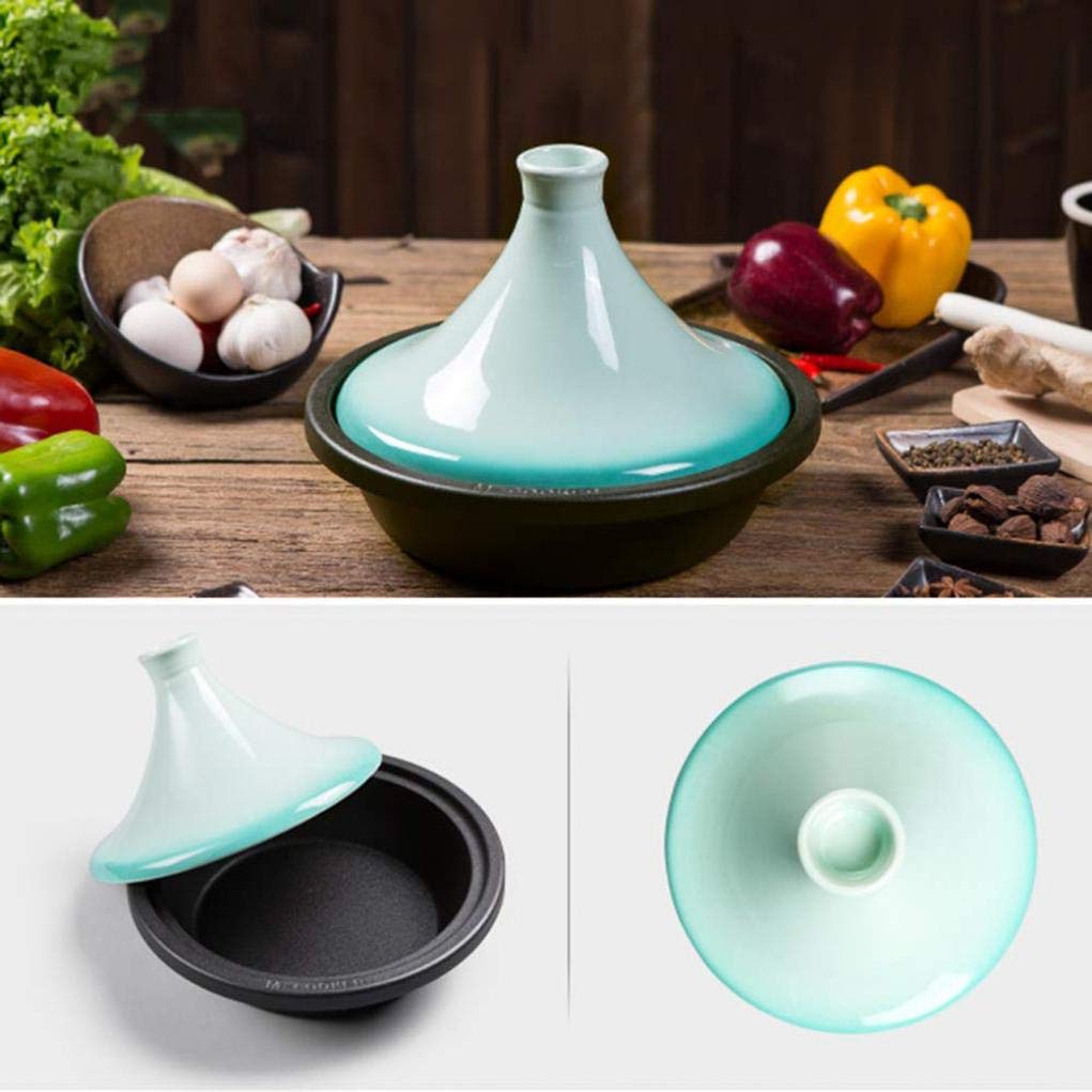 MYYINGBIN Moroccan Tagine Enameled Cast Iron Pot with Ceramic Lid Anti-Hot Silicone Gloves, Lead Free stew Pot Cookware, Blue