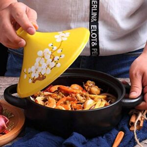 MYYINGBIN 7.9 Inches White Flower Painted Moroccan Tagine Pot Clay Ceramics Casseroles Slow Cooker with Anti-Scalding Handle Easy to Clean