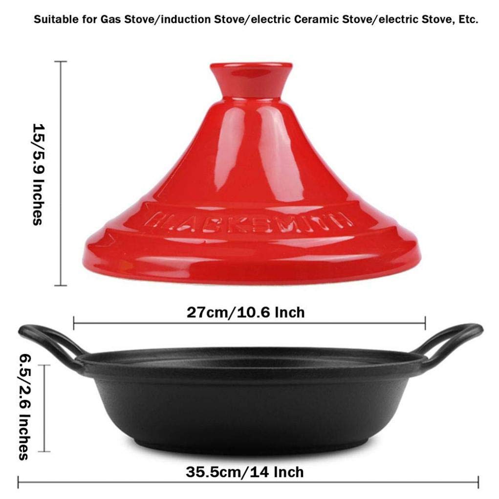 MYYINGBIN 27cm Red Tagine Enameled Cast Iron Pot High Gloss Enamel Inside and Outside Easy to Clean Slow Cooker Suitable for 2-4 People