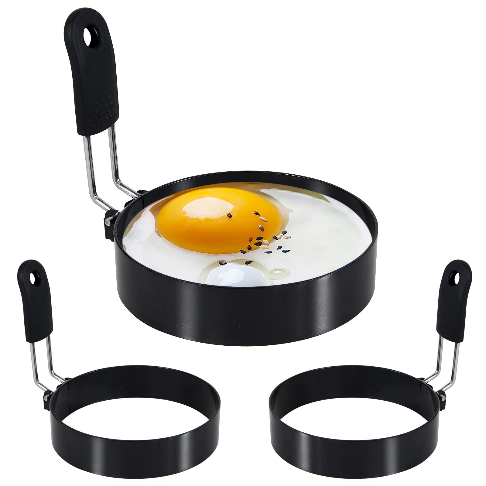 LXLOVESM 3 packs 3.5'' Egg Rings Set with Silicone Handle, Stainless Steel Egg Cooking Rings，Nonstick，For Frying Eggs and Egg Mcmuffins, Egg Mold For Breakfast