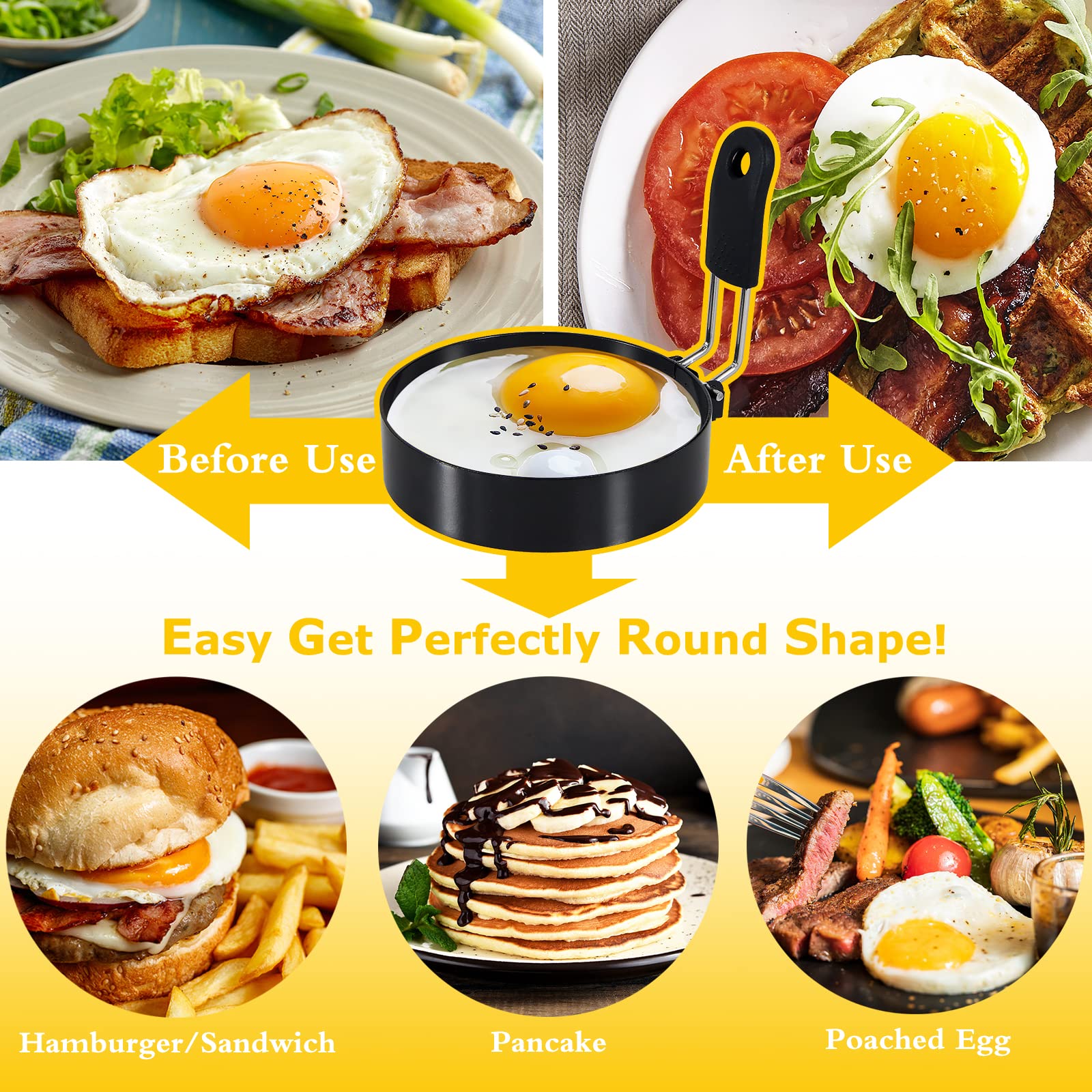 LXLOVESM 3 packs 3.5'' Egg Rings Set with Silicone Handle, Stainless Steel Egg Cooking Rings，Nonstick，For Frying Eggs and Egg Mcmuffins, Egg Mold For Breakfast