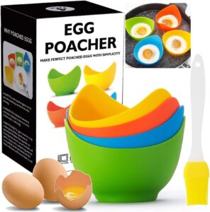 egg poacher - poached egg cooker with ring standers, food grade non stick silicone egg poaching cup for microwave or stovetop egg poaching, with extra silicone oil brush, bpa free, 4 pack