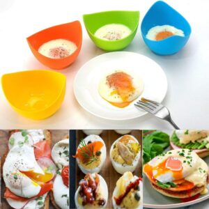 Egg Poacher - Poached Egg Cooker with Ring Standers, Food Grade Non Stick Silicone Egg Poaching Cup for Microwave or Stovetop Egg Poaching, with Extra Silicone Oil Brush, BPA Free, 4 Pack