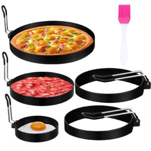 5 pieces stainless steel egg rings with silicone oil brush cooking egg rings pancake non stick ring mold for breakfast pancakes fried eggs omelette sandwich burger(8 inch, 6 inch, 4 inch, 3.5 inch)