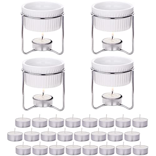 Hiware 4 Pieces Ceramic Butter Warmers with 24 Pieces Tealight Candles Set for Seafood, Fondue - Dishwasher Safe