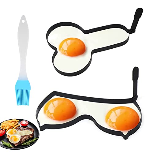 2-Pack Funny Egg Fryer, Egg Fryer, Funny Egg Pancake Cooking Tool with Foldable Handle, Professional Non-Stick Egg Ring with 1 Silicone Basting Brush, Foldable Handle To Save Space