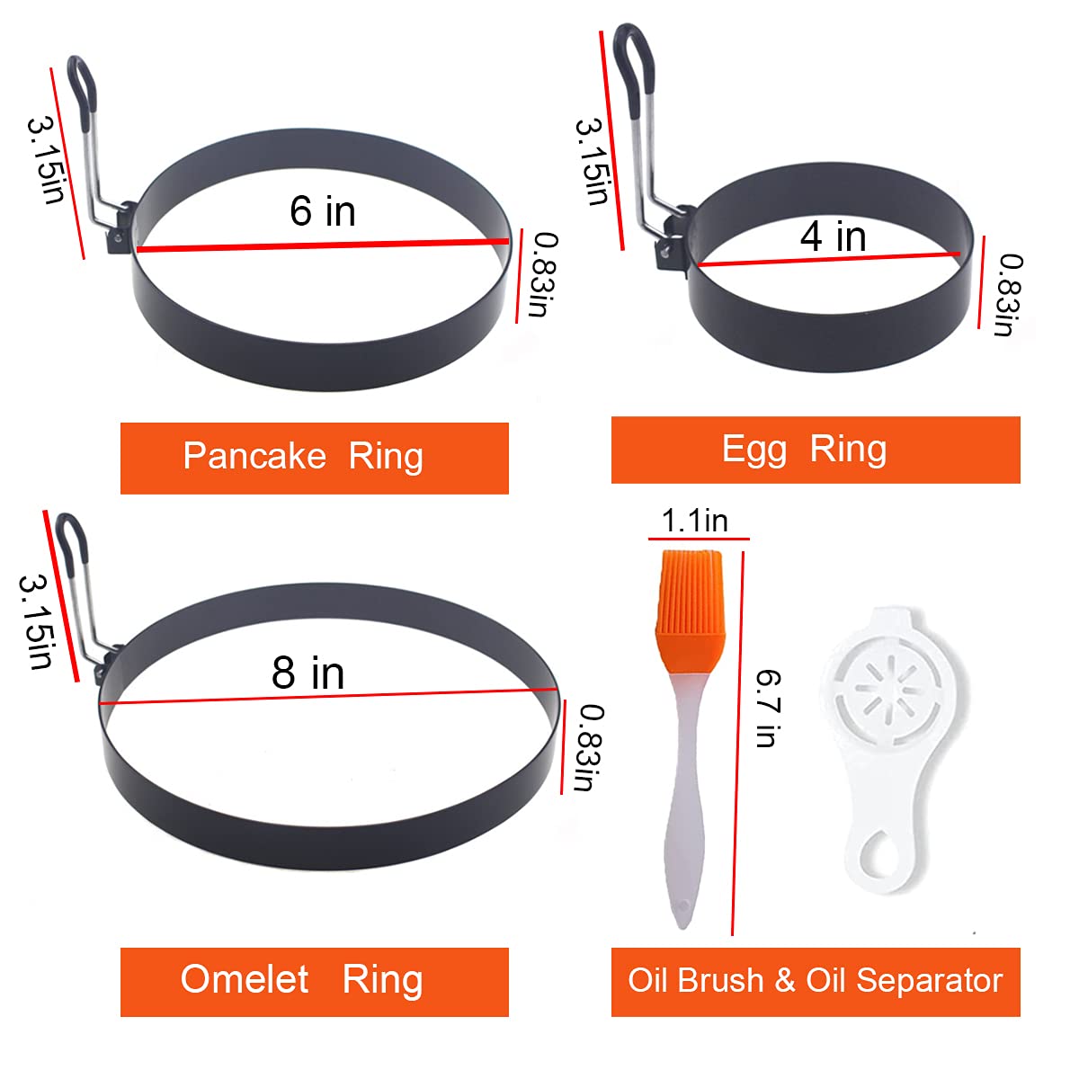 Upgrade Large 3 Packs Egg Rings for Griddle Frying Egg,8" Omelette Ring,6" Pancake Mold Ring,4" Griddle Egg Ring,Non-stick Stainless Steel Egg Rings Anti-scalding Grill with Oil Brush & Egg Separator