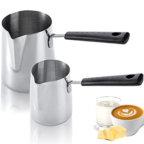 Dicunoy Set of 2 Milk Butter Warmer Pot, 12oz/22oz Turkish Coffee Pot, Stovetop Chocolate Melting Pan, Cezve Ibrik Briki Greek Arabic Coffee Maker for Maple Syrup, Sauce Heating, 18/8 Stainless Steel