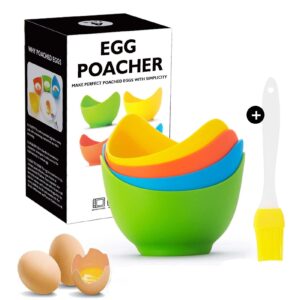 egg poacher - easy silicone egg poacher cups with ring standers，food grade poached egg poacher insert microwave,poached eggs accessory cookware poached egg maker with extra oil brush, bpa free, 4 pack