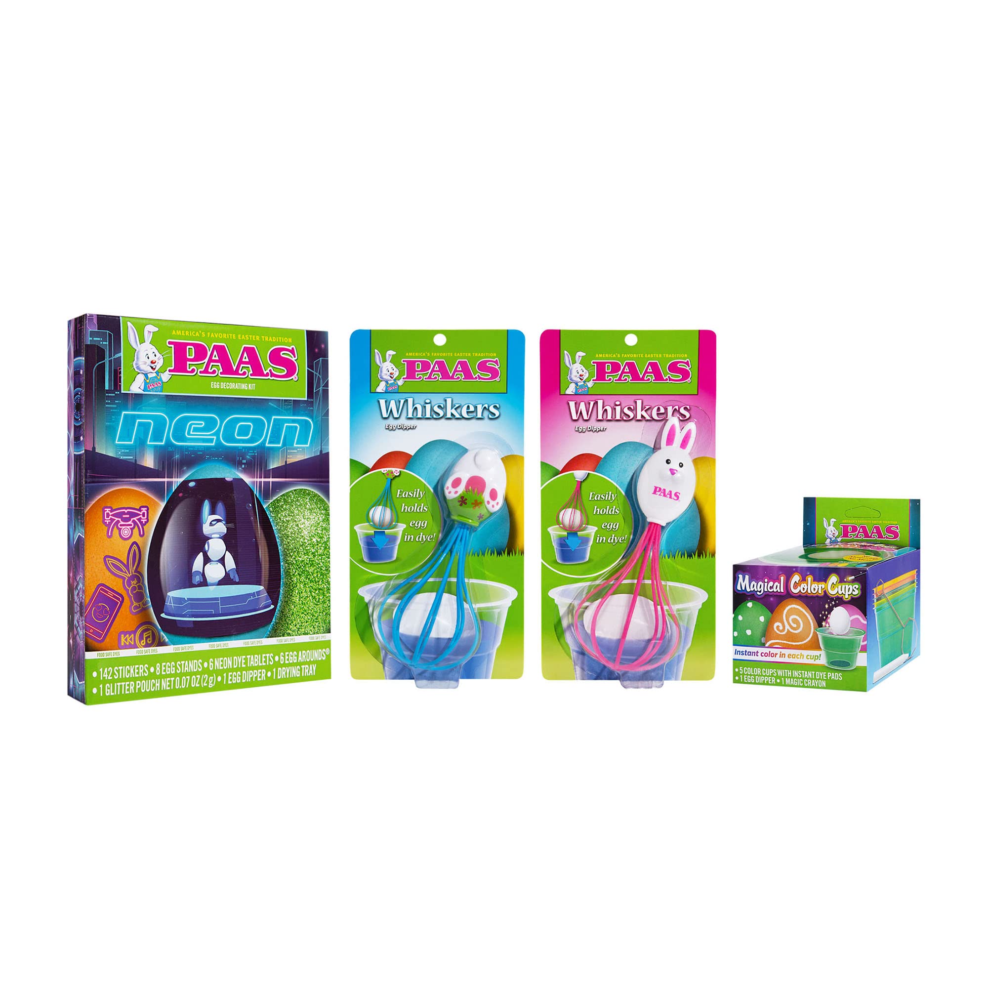 PAAS Neon Egg Decorating Kit Bundle Includes Neon Kit, 2 Whisker Egg Dippers, 5 Color Cups 1 ea