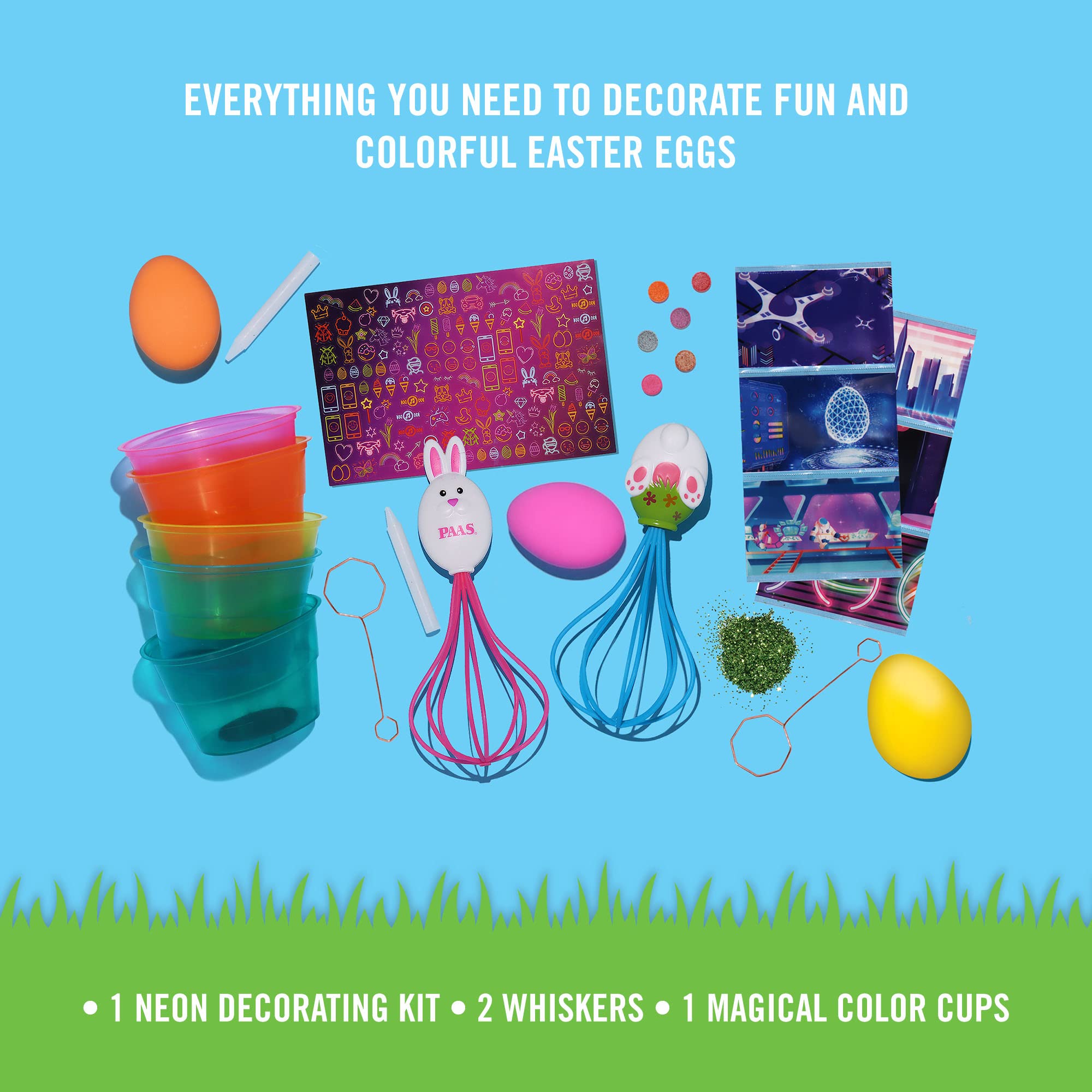 PAAS Neon Egg Decorating Kit Bundle Includes Neon Kit, 2 Whisker Egg Dippers, 5 Color Cups 1 ea