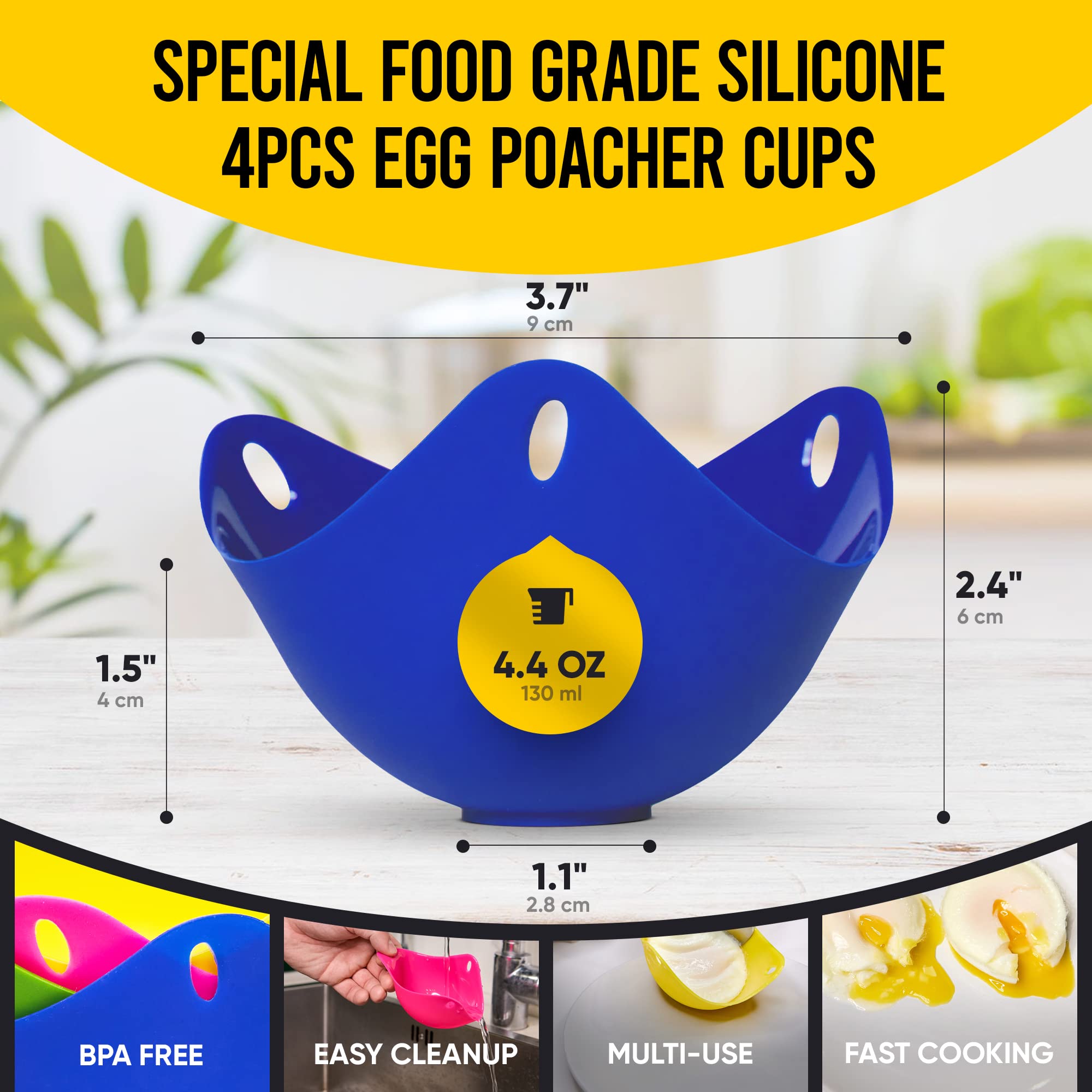 Silicone Egg Poaching Cups Easy 4pcs Release and Cleaning, Poached Egg Cup with Ring Standers for Eggs Benedict Set of Microwave Egg Poachers Silicone Pots Cooker Microwave Stove Top, Dishwasher Safe