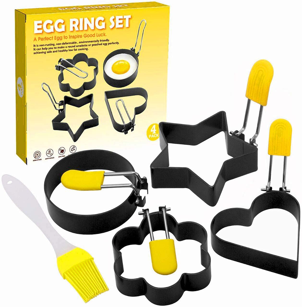 Egg Ring for Frying Eggs, Stainless Steel Egg Cooking Rings with Anti-scald Handle, Non-stick Egg Shaper Molds for Omelet, Breakfast Tool for Pancake, Sandwich Burger, Crumpet Ring–4 Different Shapes