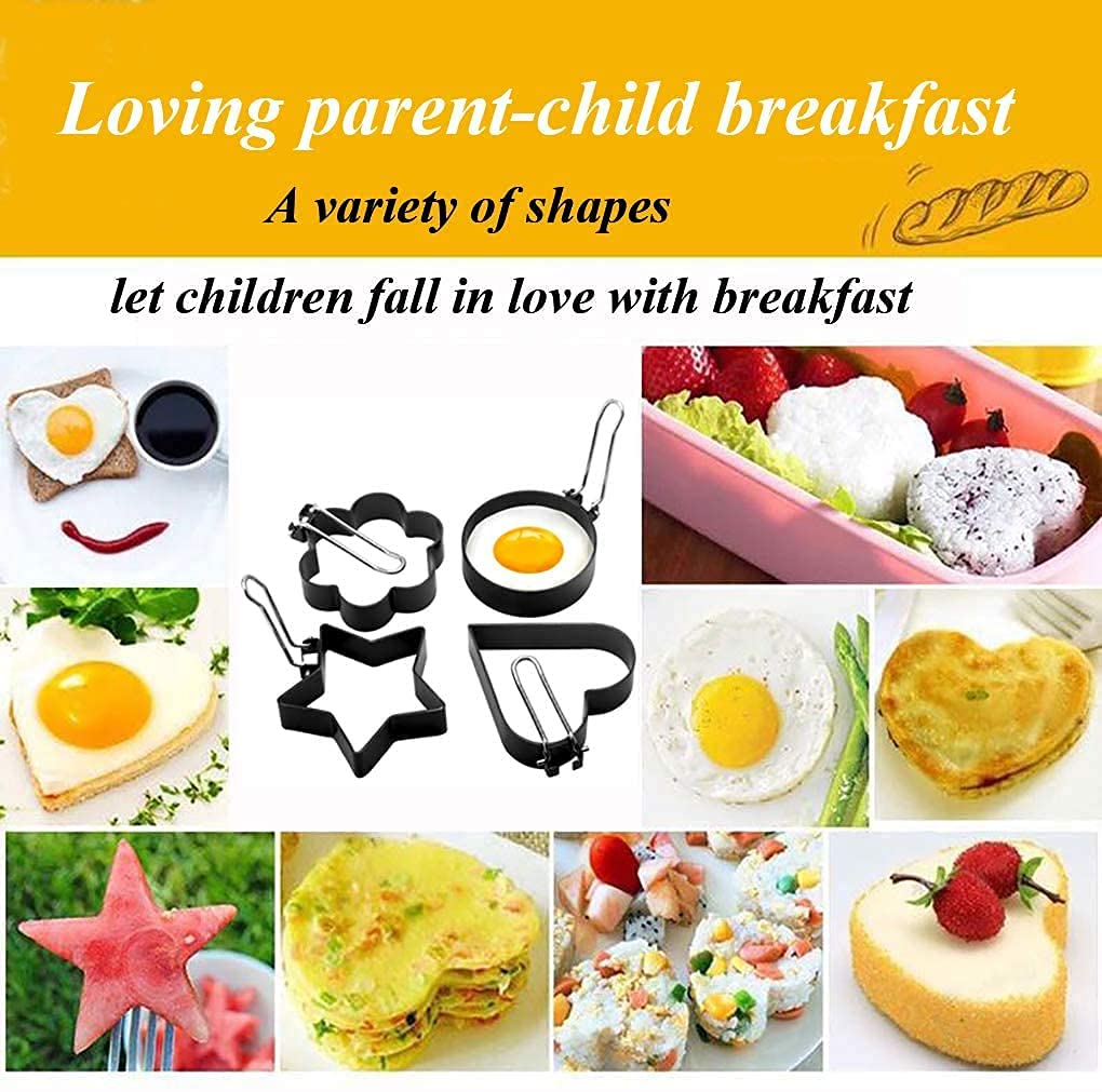 Egg Ring for Frying Eggs, Stainless Steel Egg Cooking Rings with Anti-scald Handle, Non-stick Egg Shaper Molds for Omelet, Breakfast Tool for Pancake, Sandwich Burger, Crumpet Ring–4 Different Shapes