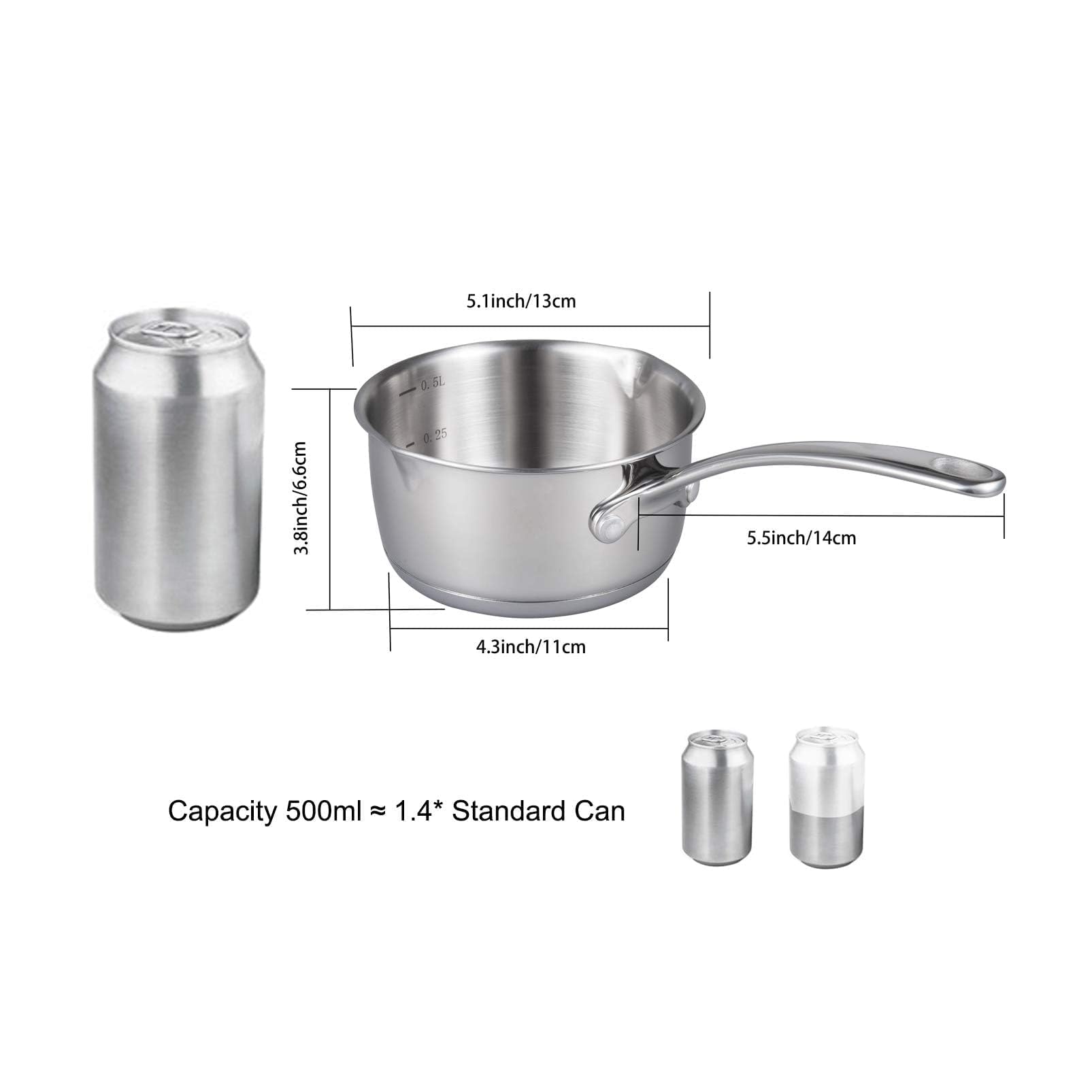 IMEEA Butter Melting Pot Butter Warmer 18/10 Tri-Ply Stainless Steel Saucepan with Dual Pour Spouts, 0.5-Quart, Silver