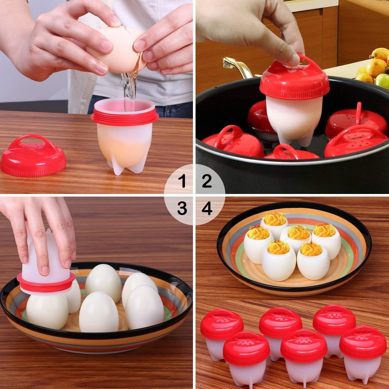 LANJILIFE Egg Cooker - Hard Boiled Eggs without the Shell, 6PCS/Set Egg Poachers Cooker Silicone Non-stick Egg Boiler Cookers,Silicone Boiled Steamer Eggies, BPA Free