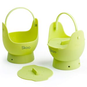 egg poacher - skoo silicone egg poaching cups + lids + bonus ebook - egg cooker set - perfect poached egg maker - for stove top, microwave and instant pot - pack of 2 - green