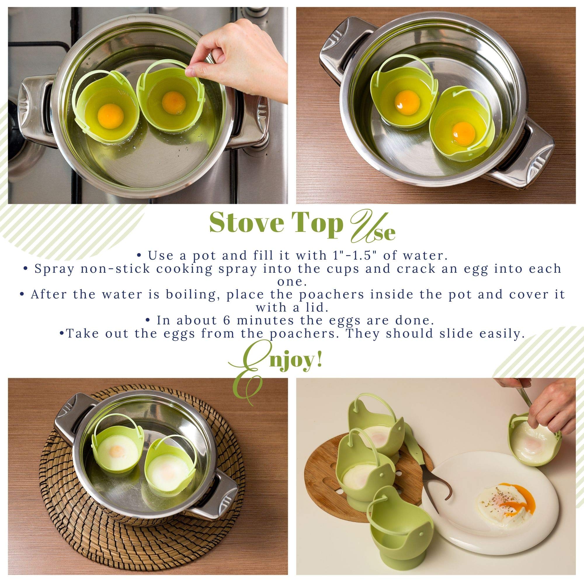 Egg Poacher - Skoo Silicone Egg Poaching Cups + Lids + Bonus eBook - Egg Cooker Set - Perfect Poached Egg Maker - For Stove Top, Microwave and Instant Pot - Pack of 2 - Green
