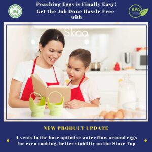 Egg Poacher - Skoo Silicone Egg Poaching Cups + Lids + Bonus eBook - Egg Cooker Set - Perfect Poached Egg Maker - For Stove Top, Microwave and Instant Pot - Pack of 2 - Green