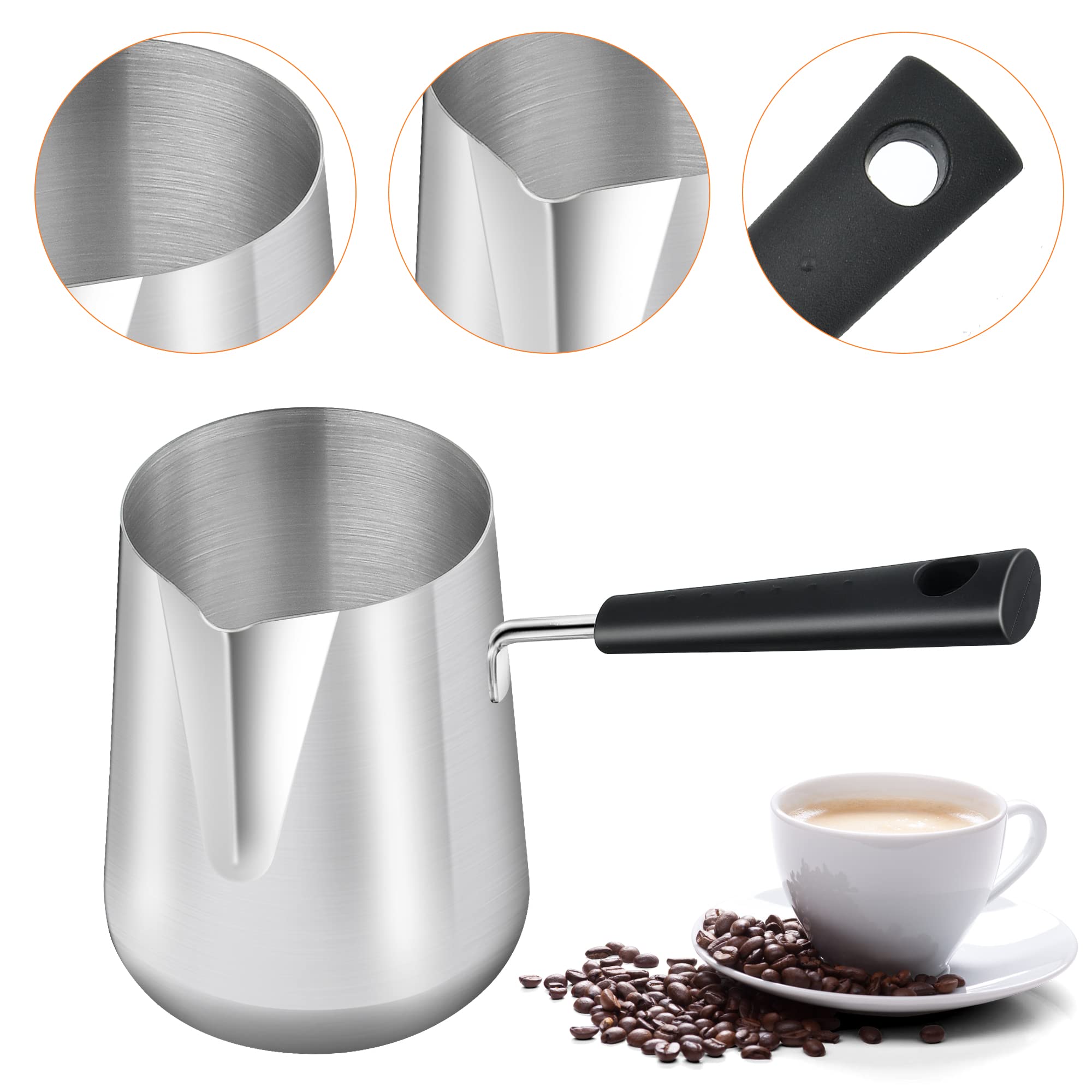 Elesunory Set of 2 Milk Warmer Pot, 11.83oz/30.43oz Turkish Coffee Pot, Stainless Steel Butter Warmer with Pouring Spout, Butter Warmer Pot for Making Coffee, Butter, Milk and Chocolate