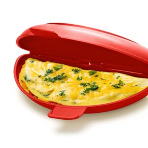 Microwave Omelet Maker + Egg Poacher All In One Dish On The Go Quick N Easy Breakfast BPA Free Plastic, Red