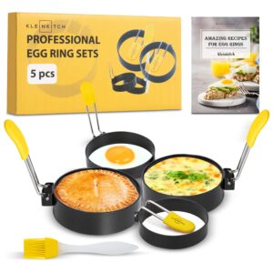 kleinkitch egg rings – 5 piece set of 2 small and 2 large egg molds for frying eggs with oil brush plus recipe ebook – professional portable round egg and pancake rings – 3 inch and 4-inch sizes