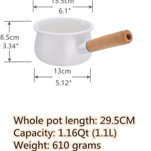 YumCute Home Enamel Milk Pan with Dual Pour Spout Butter Warmer Milk Pot for Stove Top Healthy White Enameled Inside Coating Iron 1QT Small Soup Pot with Wooden Handle Handy Pot (White)