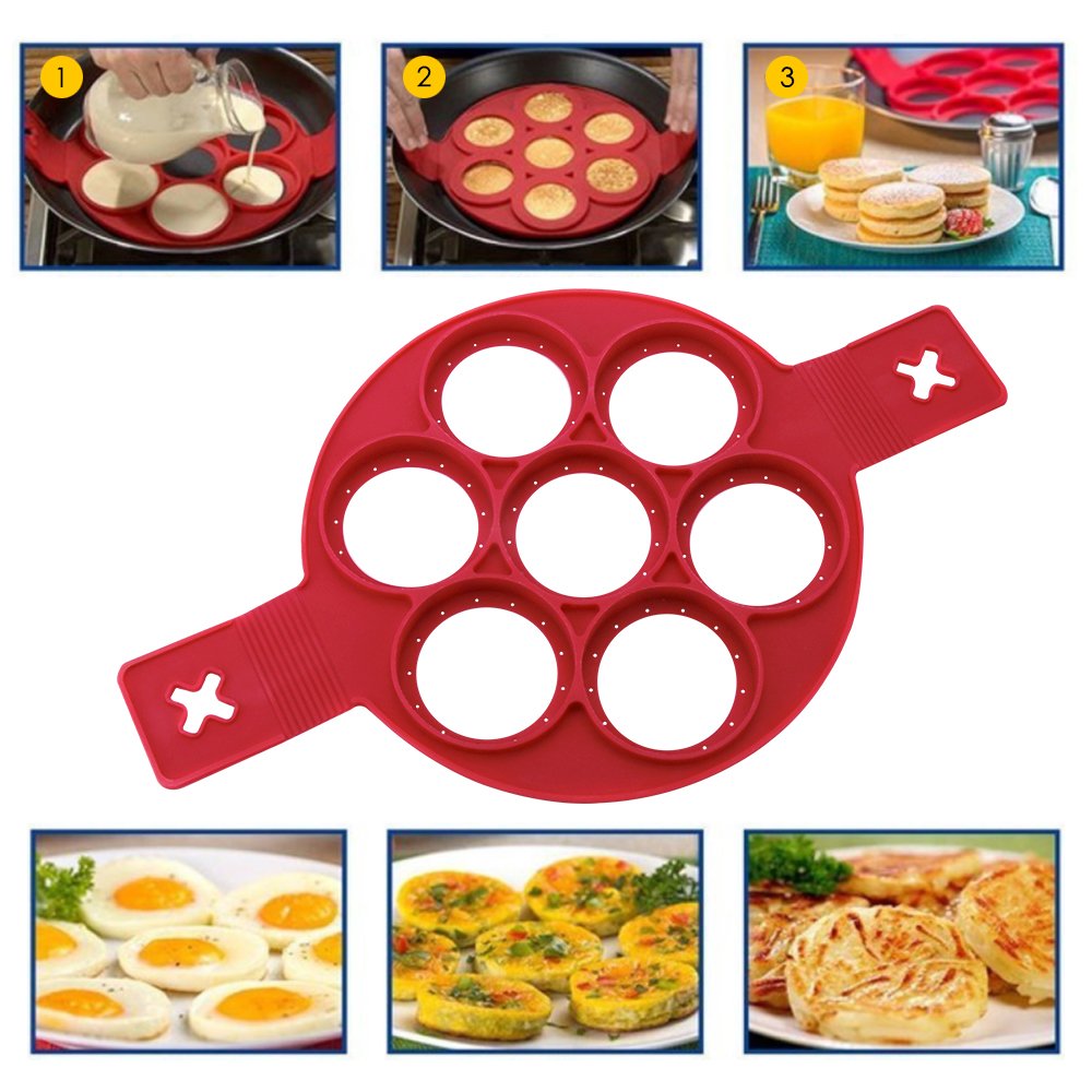 Flip Cooker Pancakes Mold - Silicone Pancake Molds 7 Circles Reusable Non Stick Egg Mold Ring pancake Maker - 2019 New Version