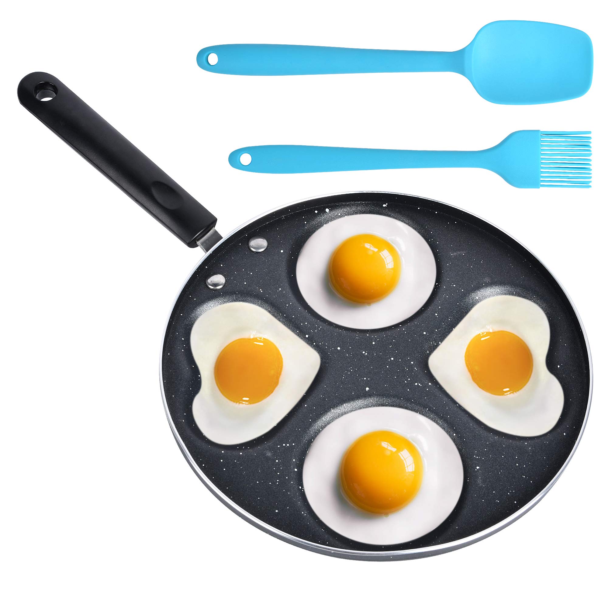 Supkiir Egg Frying Pan, Aluminum Circle Heart 4-Cup Egg Procher, Non Stick Egg Cooker for frying eggs burgers bacon, with Pastry Brush and Spatula