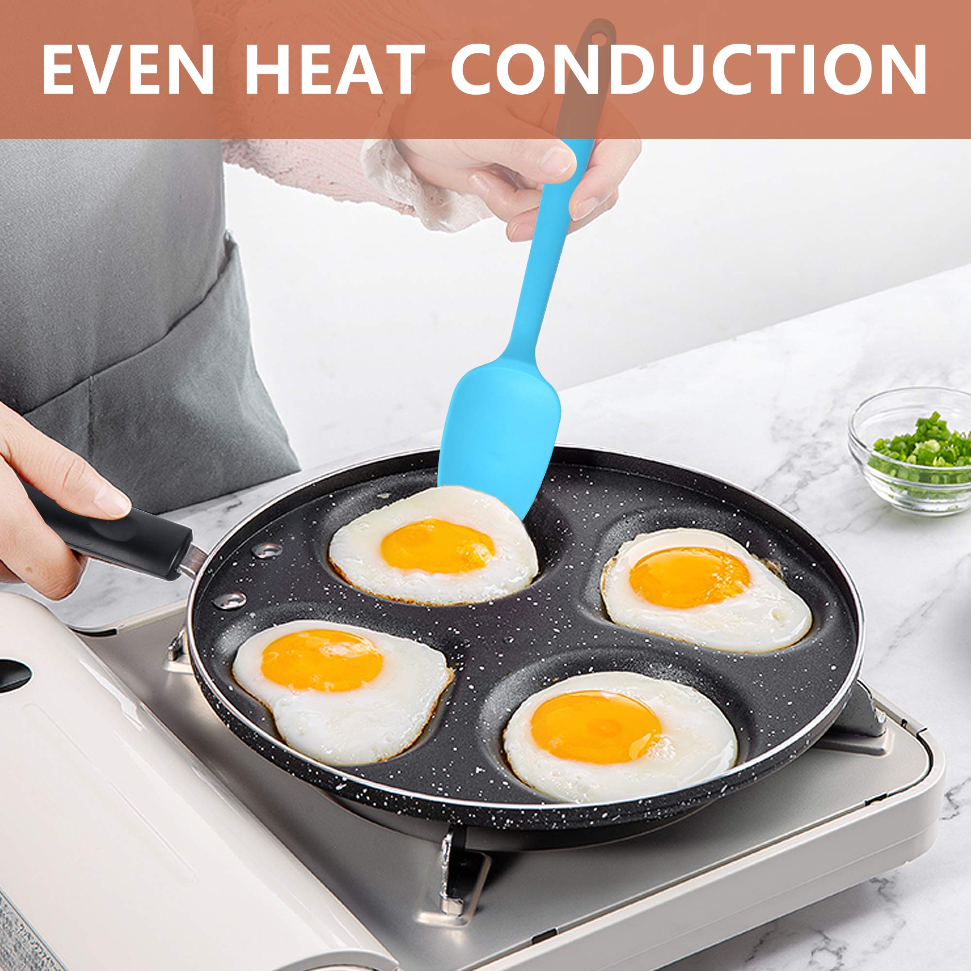 Supkiir Egg Frying Pan, Aluminum Circle Heart 4-Cup Egg Procher, Non Stick Egg Cooker for frying eggs burgers bacon, with Pastry Brush and Spatula