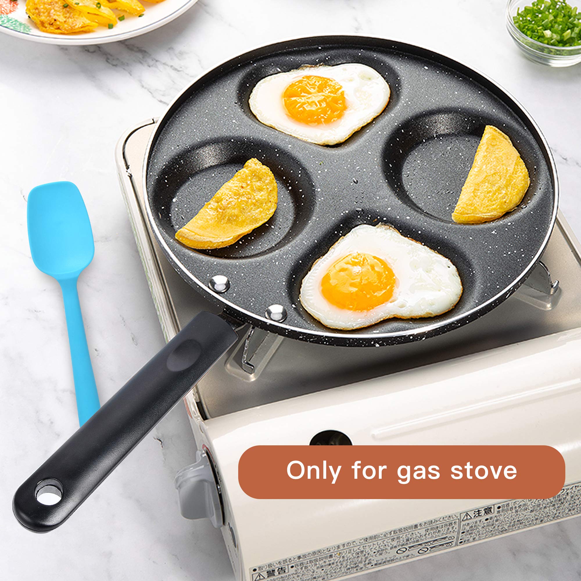 Supkiir Egg Frying Pan, Aluminum Circle Heart 4-Cup Egg Procher, Non Stick Egg Cooker for frying eggs burgers bacon, with Pastry Brush and Spatula