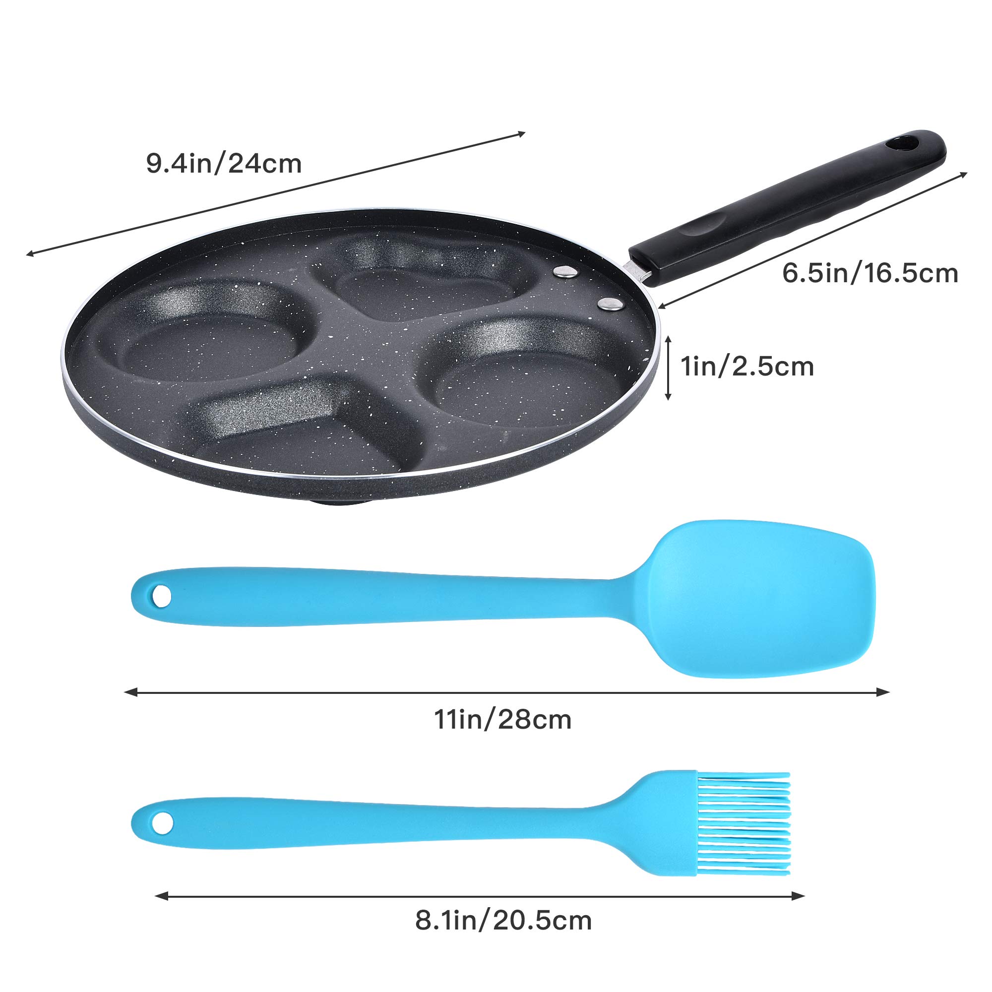 Supkiir Egg Frying Pan, Aluminum Circle Heart 4-Cup Egg Procher, Non Stick Egg Cooker for frying eggs burgers bacon, with Pastry Brush and Spatula