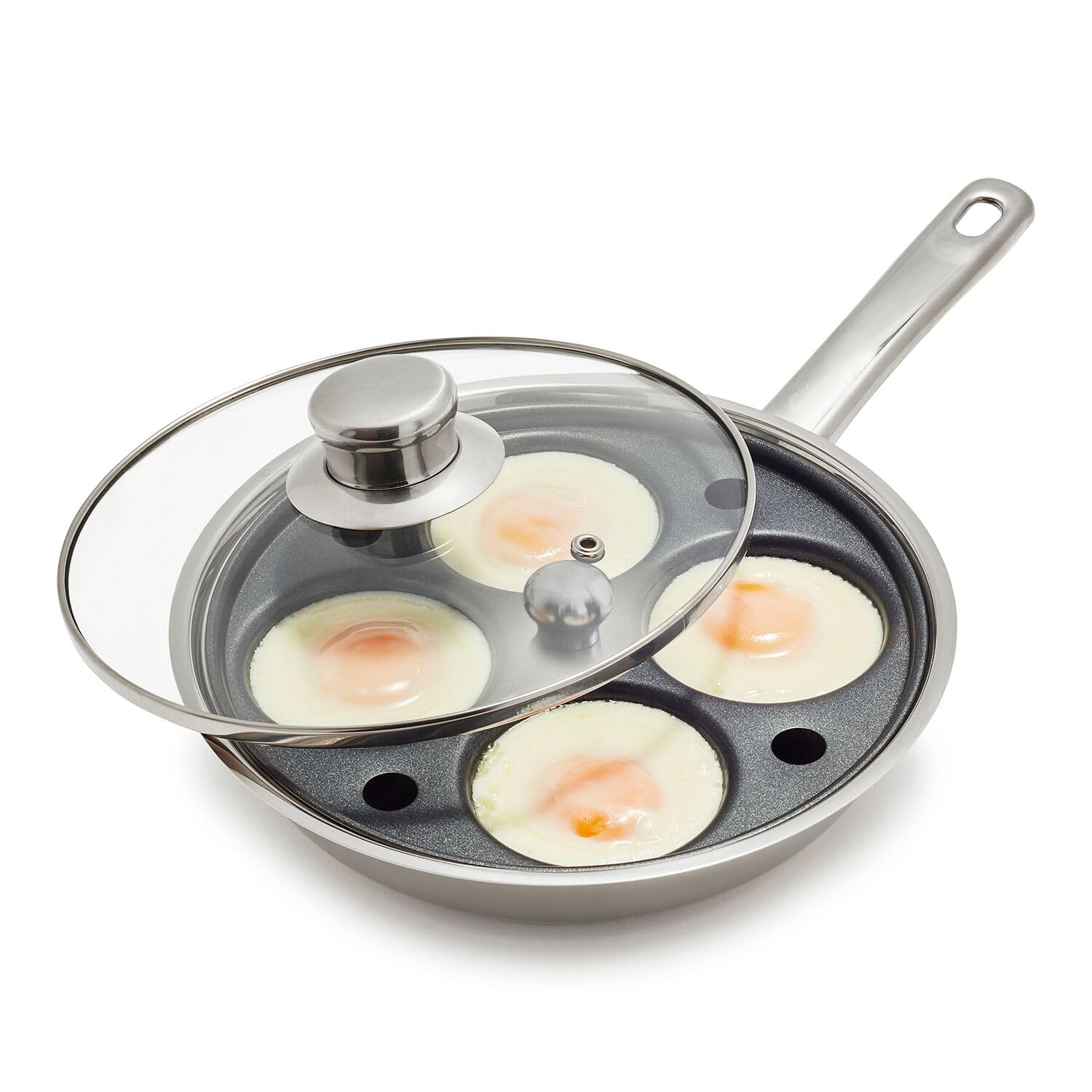 Sur La Table 14" Egg Poacher Nonstock Stainless Steel Pan with Lid, 4 Egg Cup Insert