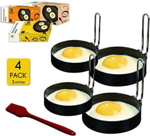 yagitools egg rings mold- set of 4 round egg rings for egg mcmuffins - rust & leak proof egg rings for frying eggs - egg molds with foldable handles + silicone basting brush (3.5 inch), black