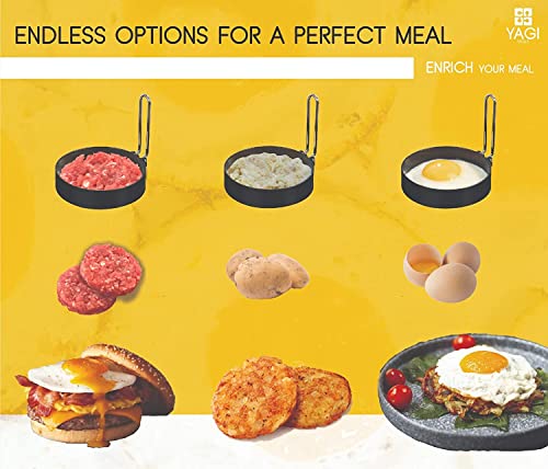 YAGITools Egg Rings Mold- Set of 4 Round Egg Rings for Egg McMuffins - Rust & Leak proof Egg Rings for Frying Eggs - Egg Molds with Foldable Handles + Silicone Basting Brush (3.5 inch), black