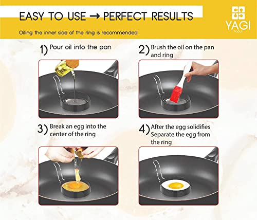 YAGITools Egg Rings Mold- Set of 4 Round Egg Rings for Egg McMuffins - Rust & Leak proof Egg Rings for Frying Eggs - Egg Molds with Foldable Handles + Silicone Basting Brush (3.5 inch), black