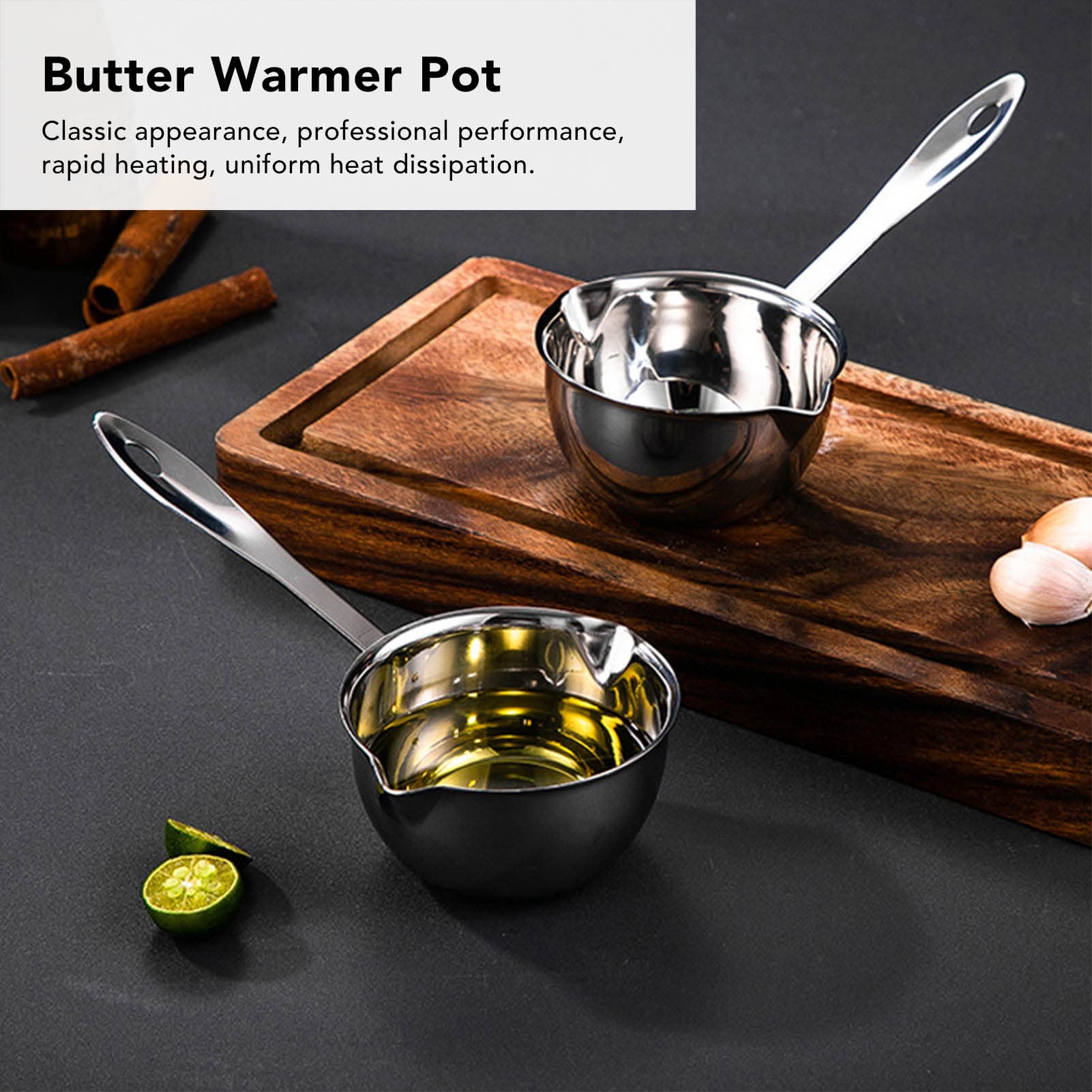 Stainless Steel Butter Warmer Pan, Mini Butter Melting Pot with Dual Pour Spout Butter Coffee Milk Warmer Flat Induction Bottom Sauce Pan for Stove Top, Soup, Chocolate, Tea Warming(150ML)