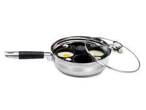 vinod non stick egg poacher pan – skillet, glass lid, removable cup tray - 4 large cups - stainless steel poached egg cooker – food grade egg poaching – heat friendly handle - free silicon spatula