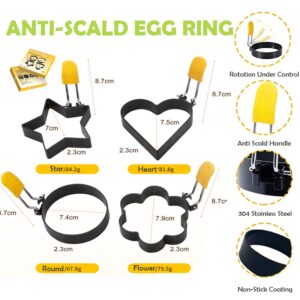 4 Pack Non Stick Egg Rings for Griddle, Egg Ring Mold for Frying Eggs Mcmuffins, Stainless Steel Egg Cooking Rings with Anti-scald Handle, Oil Brush, for Perfect Pancake, Sandwich (4 Shapes)