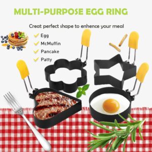 4 Pack Non Stick Egg Rings for Griddle, Egg Ring Mold for Frying Eggs Mcmuffins, Stainless Steel Egg Cooking Rings with Anti-scald Handle, Oil Brush, for Perfect Pancake, Sandwich (4 Shapes)