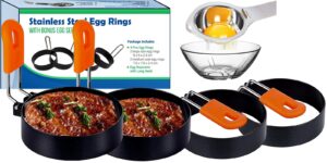 4 pack stainless steel egg rings with egg separator, round professional pancake mold, non stick round mold for fried eggs, omelet egg sandwich mold & shaping eggs, household kitchen cooking tool